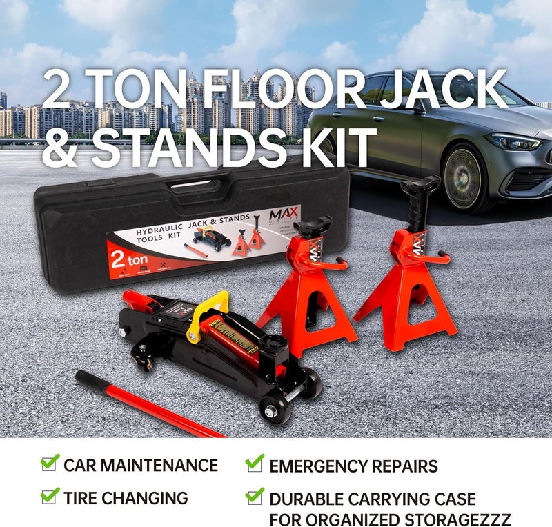Maxority 2-Ton (4400 lbs) Hydraulic Low Profile Trolley Garage Service/Floor Jack with Blow Mold Carrying Storage Case and 1 Pair 2 Ton Jack Stands for Home and Workshop Vehicle Maintenance - Image 2